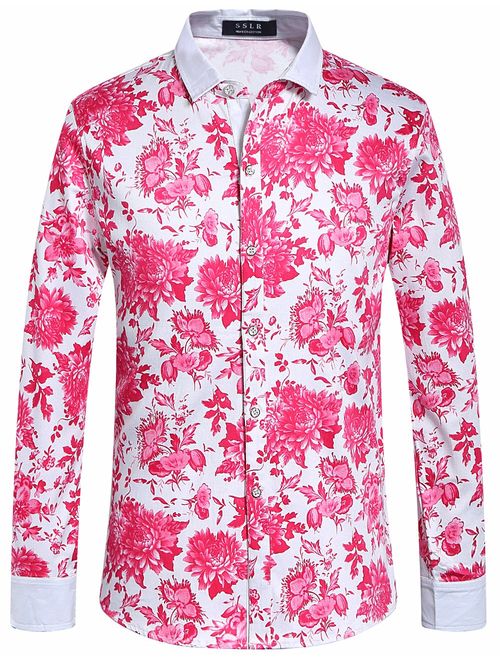 SSLR Men's Hawaiian Long Sleeve Casual Button Down Shirts