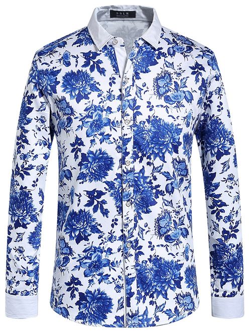 SSLR Men's Hawaiian Long Sleeve Casual Button Down Shirts