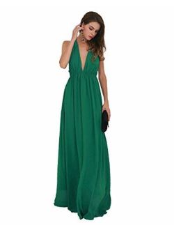 Miss ord Sexy Deep V Backless Sleeveless Cross Back Maxi Dress