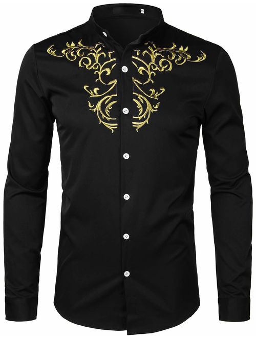 ZEROYAA Men's Luxury Gold Embroidery Design Slim Fit Long Sleeve Button Up Dress Shirts