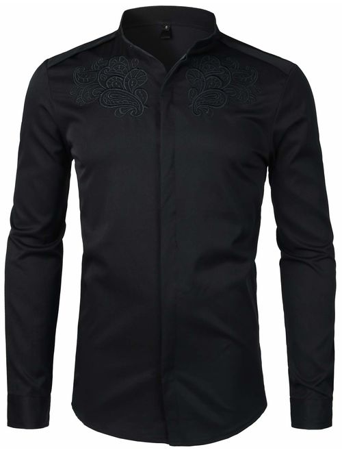 ZEROYAA Men's Luxury Gold Embroidery Design Slim Fit Long Sleeve Button Up Dress Shirts