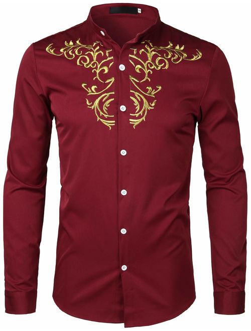 ZEROYAA Men's Luxury Gold Embroidery Design Slim Fit Long Sleeve Button Up Dress Shirts