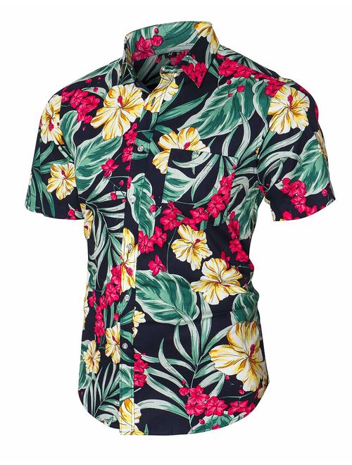 Dioufond Men's Pineapple Flower Casual Button Down Short Sleeve Aloha Hawaiian Shirt