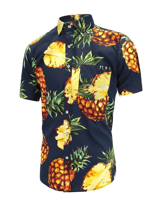 Dioufond Men's Pineapple Flower Casual Button Down Short Sleeve Aloha Hawaiian Shirt