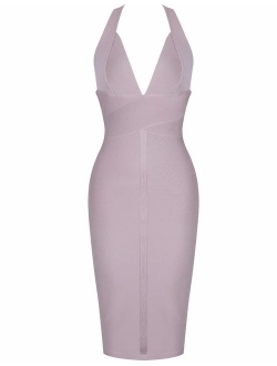 Women's Sexy Deep V Neck Open Back Backless Halter Evening Party Club Midi Bodycon Bandage Dress