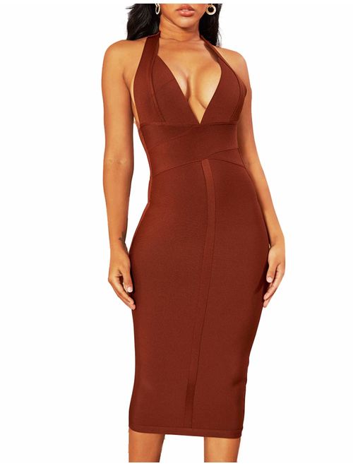 UONBOX Women's Sexy Deep V Neck Open Back Backless Halter Evening Party Club Midi Bodycon Bandage Dress