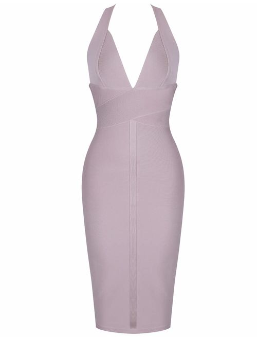 UONBOX Women's Sexy Deep V Neck Open Back Backless Halter Evening Party Club Midi Bodycon Bandage Dress