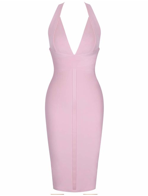 UONBOX Women's Sexy Deep V Neck Open Back Backless Halter Evening Party Club Midi Bodycon Bandage Dress