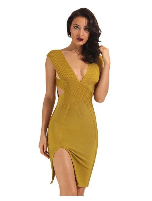 Whoinshop Women Deep V Neck Backless Side Slit Bodycon Bandage Dress