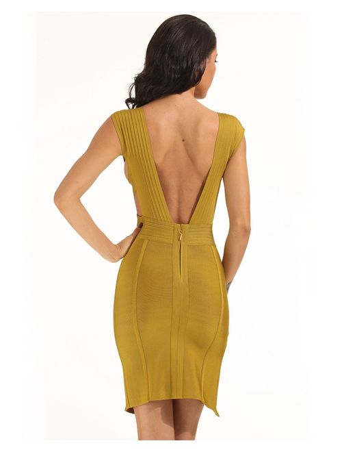 Whoinshop Women Deep V Neck Backless Side Slit Bodycon Bandage Dress