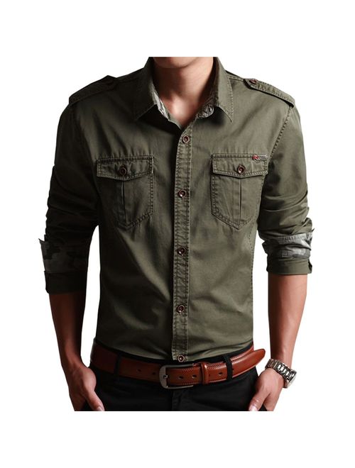 CHARTOU Men's Classic Retro Military Camouflage Lined Patchwork Shirt