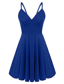 ELESOL Women Sexy Deep V-Neck Backless Spaghetti Strap Skater Dress