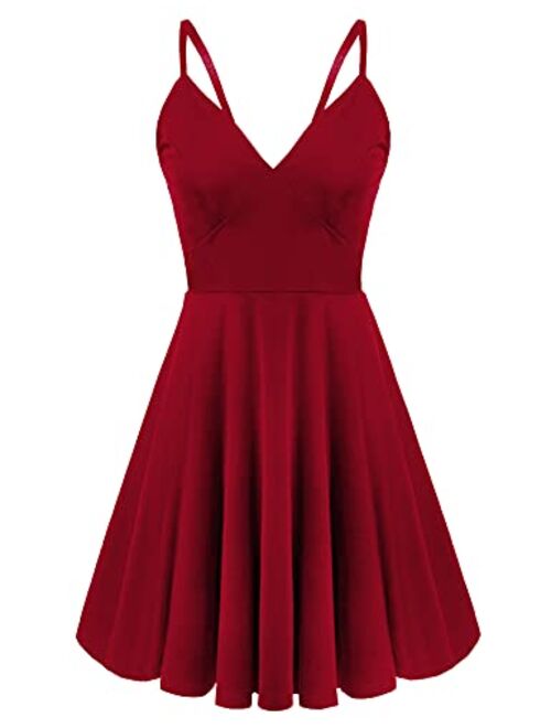 ELESOL Women Sexy Deep V-Neck Backless Spaghetti Strap Skater Dress