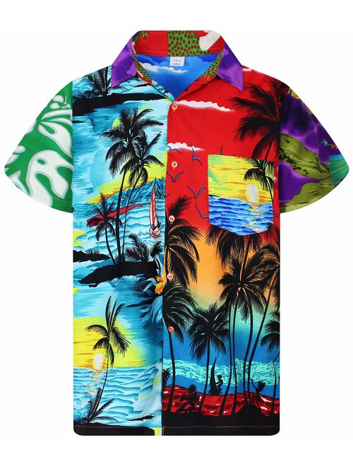 Funky Hawaiian Shirt for Men Short-Sleeve Front-Pocket Hawaiian-Print Every Shirt is a Unique Mix Multidesigns