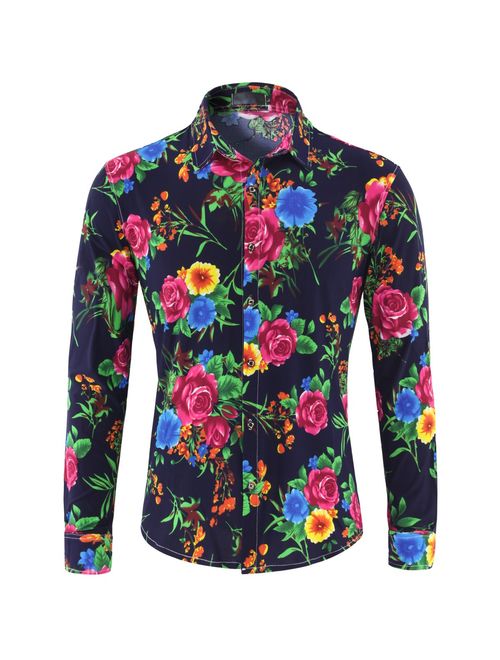 Men's Floral Shirts Long Sleeve Flower Hawaiian Casual Shirt