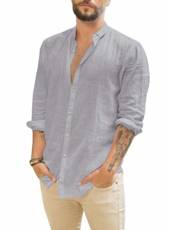 Bbalizko Mens Linen Button Up Shirts Long Sleeve Regular Fit Casual Beach Tops