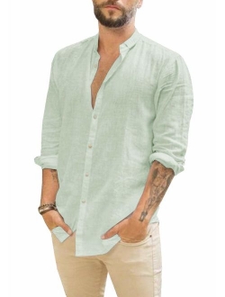 Bbalizko Mens Linen Button Up Shirts Long Sleeve Regular Fit Casual Beach Tops