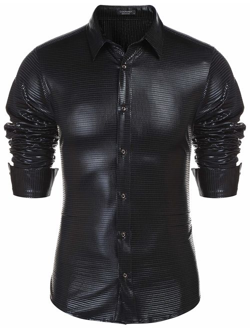 Buy COOFANDY Men's Sequin Shiny Shirt Long Sleeve Button Down