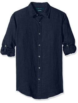 Men's Long Sleeve Solid Linen Button-up Chambray Shirt