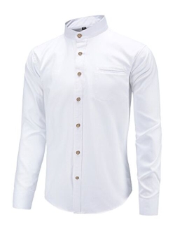 Men's Slim Fit Casual Oxford Dress Shirt Banded Collar Long Sleeve Button Down Shirts with Pocket