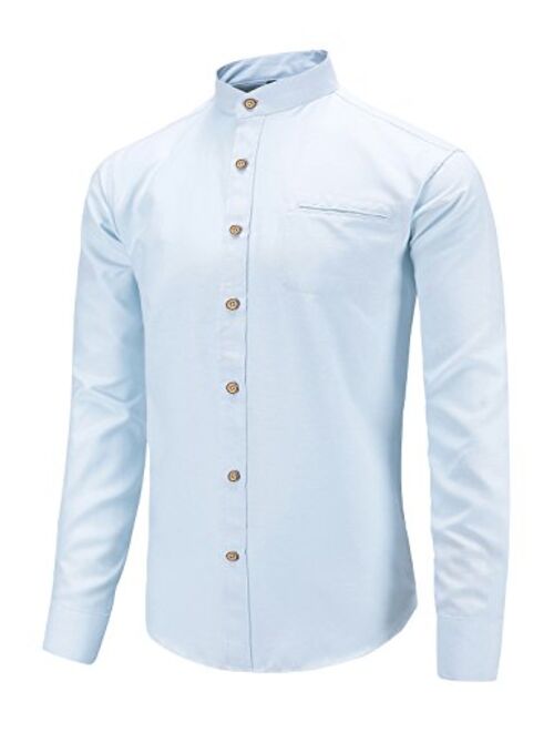 Men's Slim Fit Casual Oxford Dress Shirt Banded Collar Long Sleeve Button Down Shirts with Pocket