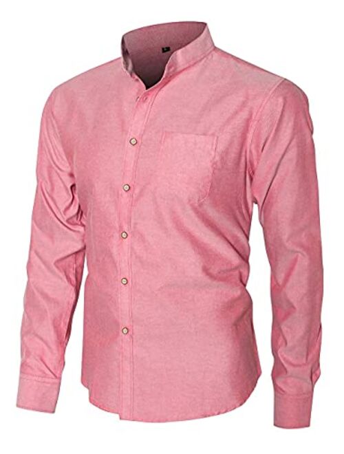 Men's Slim Fit Casual Oxford Dress Shirt Banded Collar Long Sleeve Button Down Shirts with Pocket