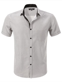 7 Encounter Men's Spread Collar Patterned Print Oxford Short Sleeve Dress Shirt