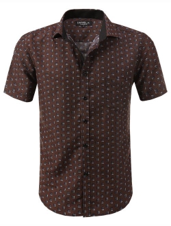 7 Encounter Men's Spread Collar Patterned Print Oxford Short Sleeve Dress Shirt