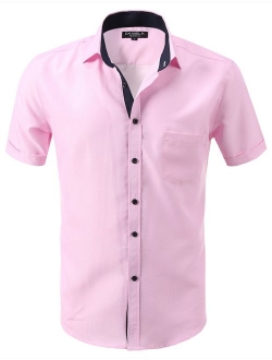 7 Encounter Men's Spread Collar Patterned Print Oxford Short Sleeve Dress Shirt