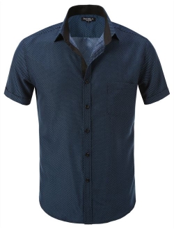 7 Encounter Men's Spread Collar Patterned Print Oxford Short Sleeve Dress Shirt