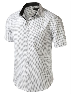 7 Encounter Men's Spread Collar Patterned Print Oxford Short Sleeve Dress Shirt