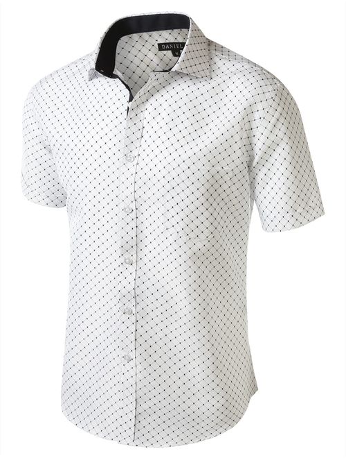 7 Encounter Men's Spread Collar Patterned Print Oxford Short Sleeve Dress Shirt