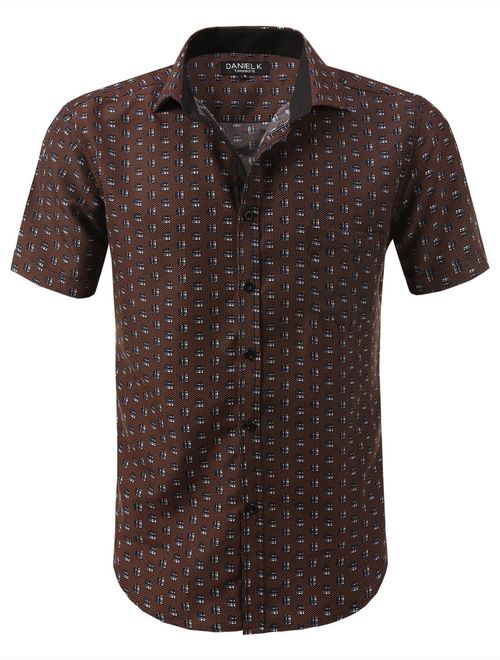 7 Encounter Men's Spread Collar Patterned Print Oxford Short Sleeve Dress Shirt