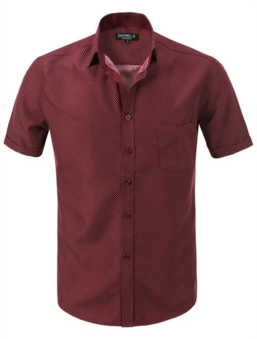 7 Encounter Men's Spread Collar Patterned Print Oxford Short Sleeve Dress Shirt