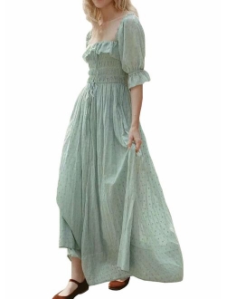 R.Vivimos Women Summer Half Sleeve Cotton Ruffled Vintage Elegant Backless A Line Flowy Long Dresses