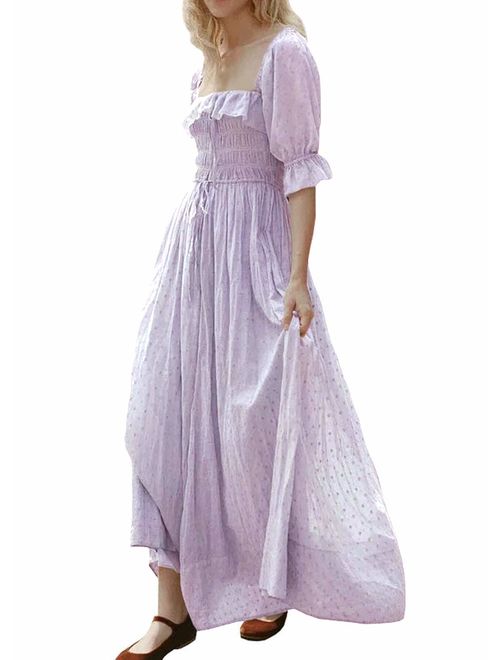 R.Vivimos Women Summer Half Sleeve Cotton Ruffled Vintage Elegant Backless A Line Flowy Long Dresses