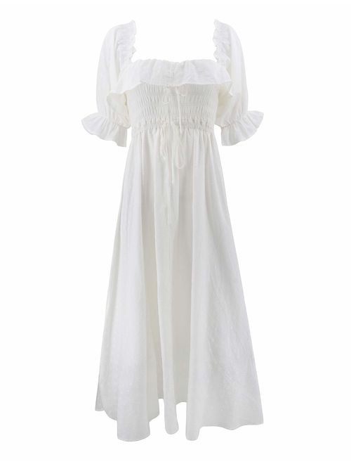 R.Vivimos Women Summer Half Sleeve Cotton Ruffled Vintage Elegant Backless A Line Flowy Long Dresses