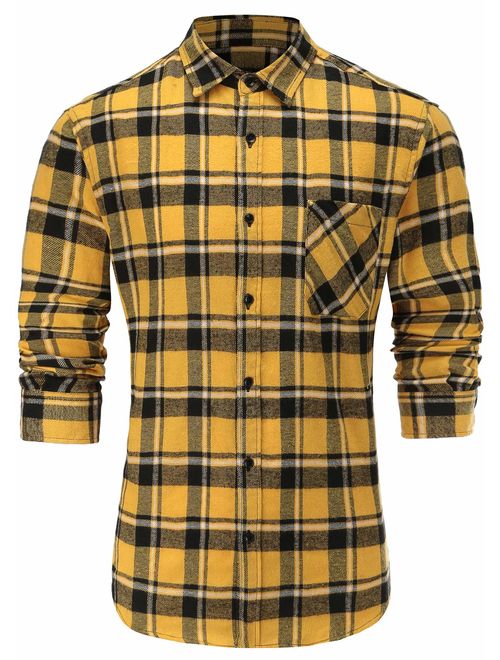 Emiqude Men's Stylish Flannel Cotton Slim Fit Long Sleeve Plaid Dress Shirt