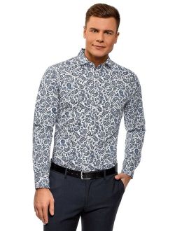 oodji Ultra Men's Paisley Print Cotton Shirt, Blue, 15in / US 15 / EU 39 / S