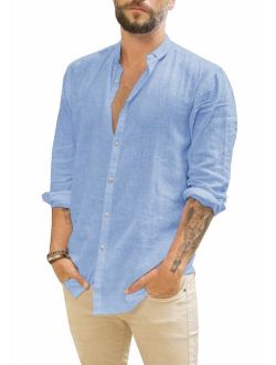 Mens Summer Linen Cotton Long Sleeve Button Down Shirt Loose Fit Banded Collar Tees Lightweight Tops