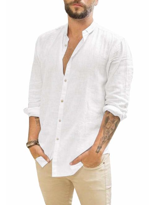 Mens Summer Linen Cotton Long Sleeve Button Down Shirt Loose Fit Banded Collar Tees Lightweight Tops