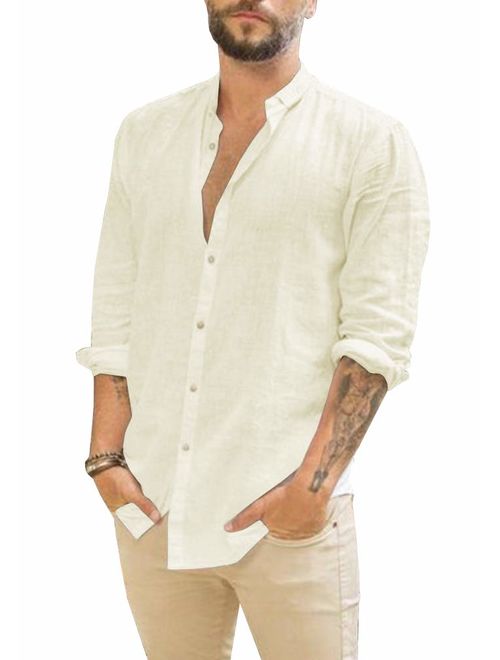 Mens Summer Linen Cotton Long Sleeve Button Down Shirt Loose Fit Banded Collar Tees Lightweight Tops