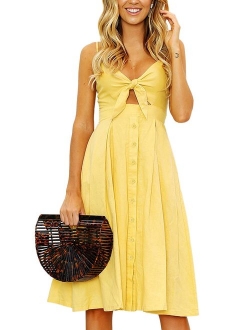 Yidarton Womens Dresses-Summer Spaghetti Strap Tie Front Button Down Sexy Backless Midi Dress