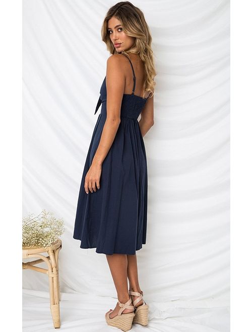 Yidarton Womens Dresses-Summer Spaghetti Strap Tie Front Button Down Sexy Backless Midi Dress