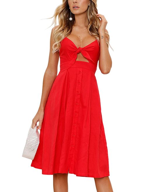 Yidarton Womens Dresses-Summer Spaghetti Strap Tie Front Button Down Sexy Backless Midi Dress