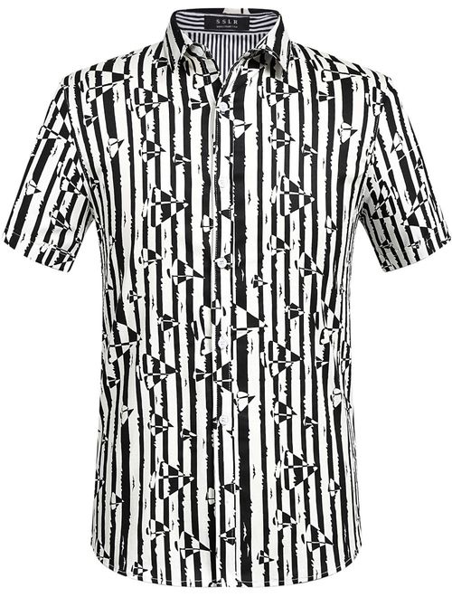 SSLR Men's Contrast Color Striped Short Sleeve Button Down Shirt