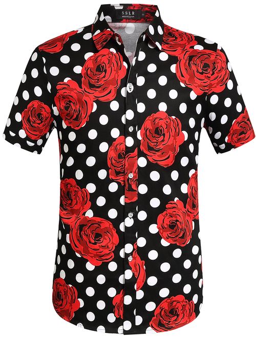 SSLR Men's Polka Rose Button Down Short Sleeve Casual Shirt