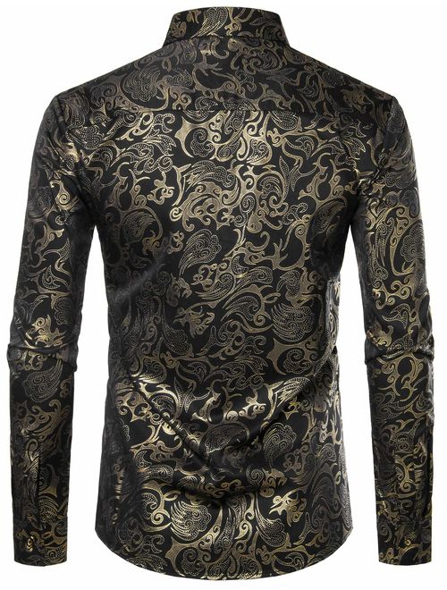 ZEROYAA Men's Luxury Gold Prom Design Slim Fit Long Sleeve Button up Party Dress Shirts