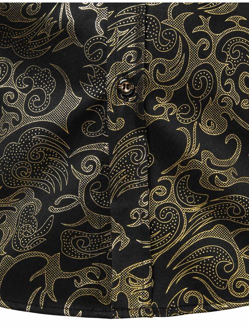 ZEROYAA Men's Luxury Gold Prom Design Slim Fit Long Sleeve Button up Party Dress Shirts