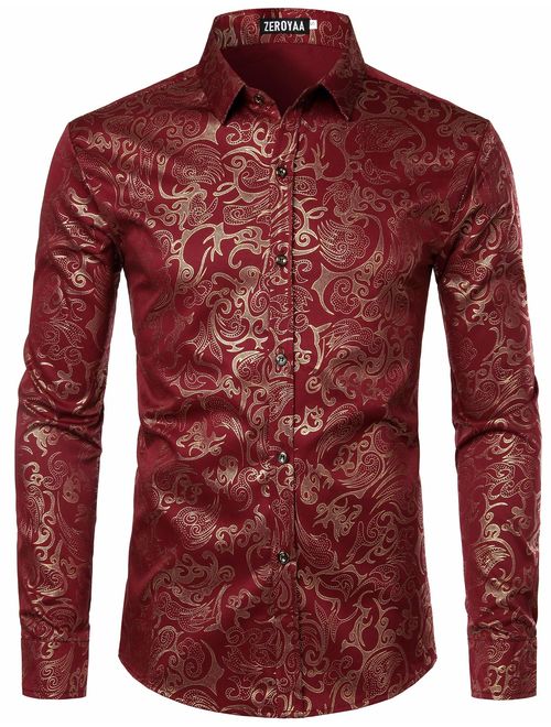 ZEROYAA Men's Luxury Gold Prom Design Slim Fit Long Sleeve Button up Party Dress Shirts